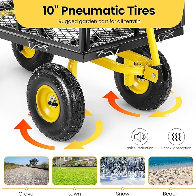 TEANDE Garden Cart, Heavy Duty 880 Lbs Capacity Mesh Steel Garden Cart with Removable Sides to Convert into Flatbed, Utility Metal Wagon with 180° Rotating Handle and 10 in Tires