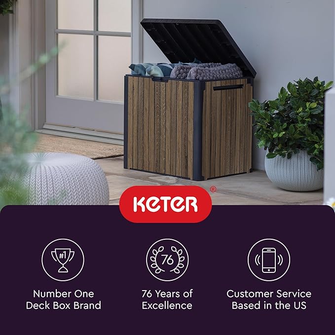 Keter Signature Everwood 30 Gallon Resin Outdoor Storage Box and Patio Furniture Side Table for Pool and Garden Accessories, Walnut