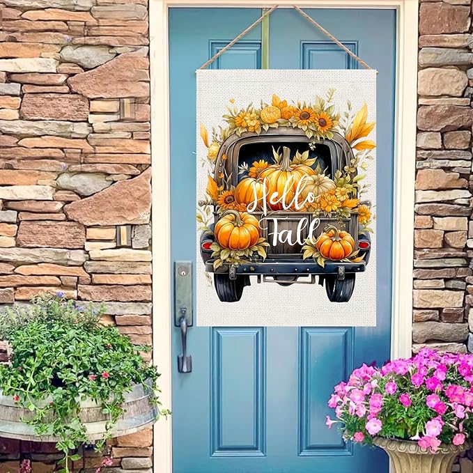 Hello Fall Pumpkin Truck House Flag 28x40 Double Sided, Autumn Thanksgiving Large Garden Flags for Outside, Holiday Seasonal Yard Flag Outdoor Decorations for Home