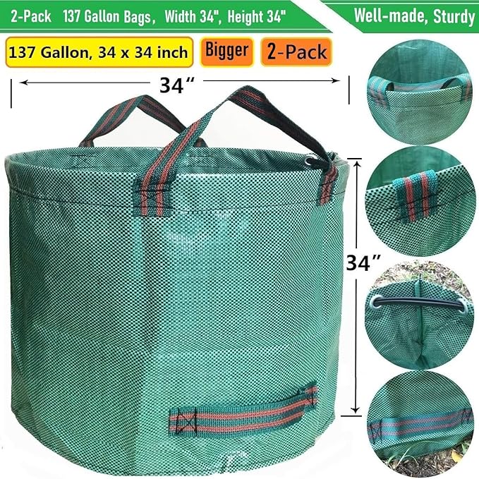 Professional 2-Pack 137 Gallon Lawn Garden Bags Large (D34, H34 inch) Yard Waste Bags with Gardening Gloves, Big Leaf Bag,Yard Debris,Waste Container,Lawn Trash,Grass Clippings Bag,Weed Bags 4 Handles