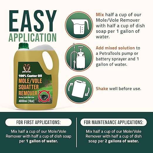 Petra 100% Castor Oil for Moles and Voles - Get Rid of Moles & Voles - Most Effective Way to Get Rid of Moles in Your Yard - Gopher, Ground Mole, Vole Caster Oil - Pet Safe, Food Grade (135 Fl Oz)