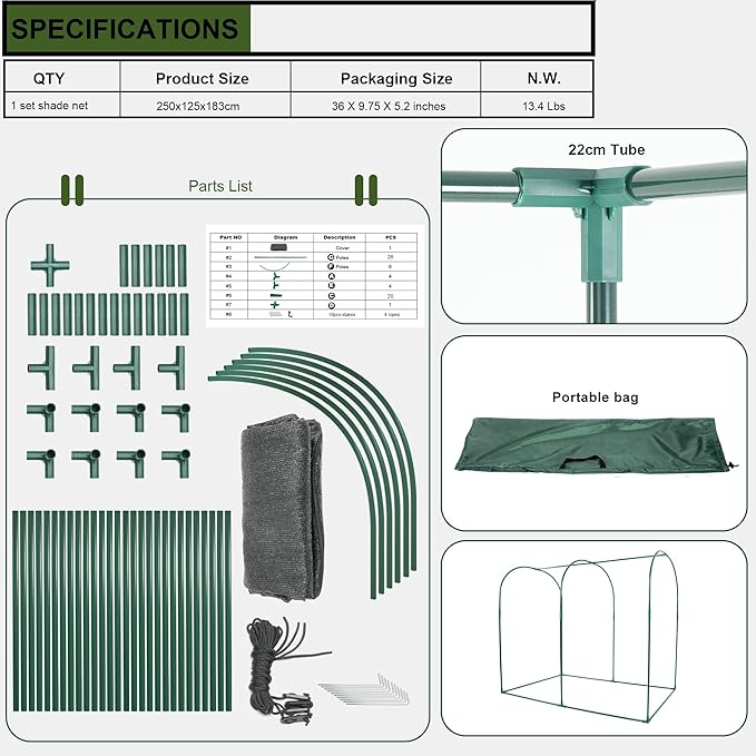 Large Tunnel 8.2'x4' Sunshade Cloth Gardening Net,Easy Set up 6FT Tall Crops Shade Net Cover, UV Resistant Plant 80% Sunblock Net for Vegetables,Fruits and Mini Flower Pot with Stakes and Carry