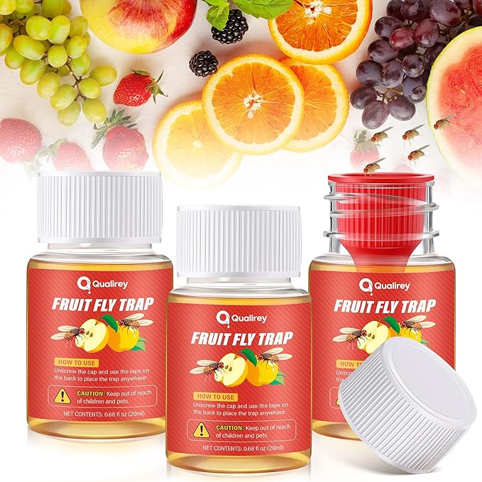 Qualirey 3 Pack Fruit Fly Traps for Indoors, Fruit Fly Killer and Catcher, Trap Refill Liquid for Home & Kitchen, Non Toxic Safe Near Food, Effective Lure Refill for Indoor Use