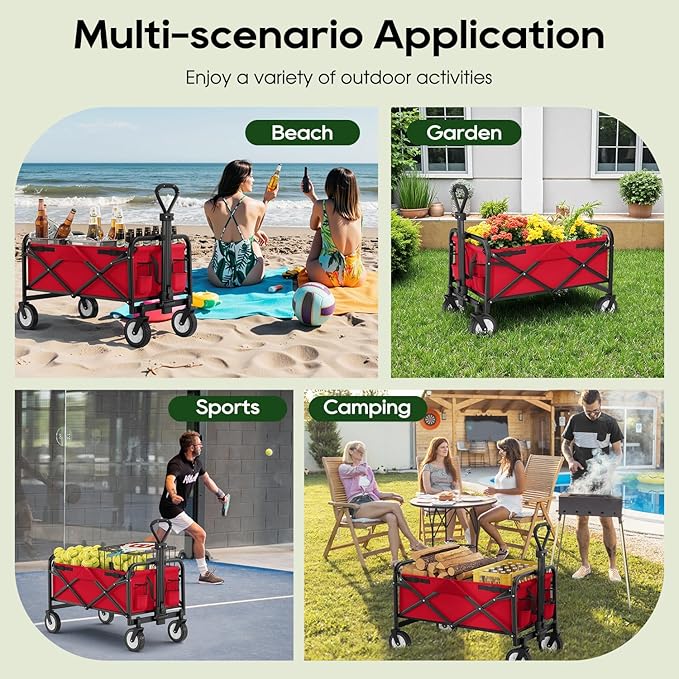 Collapsible Wagon Folding Wagon Garden Cart with Large Capacity, Portable Utility Wagon Cart Heavy Duty for Beach Camping Shopping Garden, Red