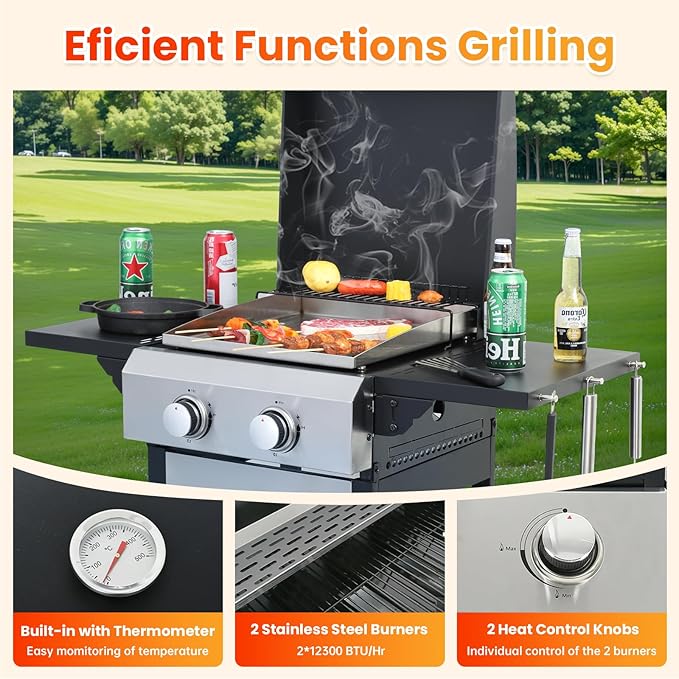 2-Burner Propane Gas BBQ Grill with Porcelain-Enameled Cast Iron Grates, Baking Sheet, 2 Foldable Side Tables, 24,600 BTU Stainless Steel Grill for Outdoor Camping Barbecue Grilling Backyard Cooking