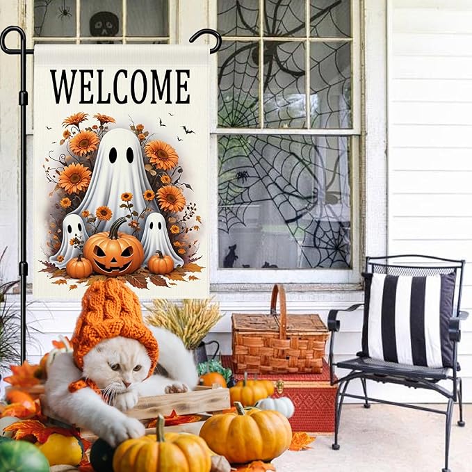 Welcome Halloween Ghost Garden Flag 12x18 Double Sided Outside Pumpkin Fall Holiday Yard Outdoor Decorative Flag