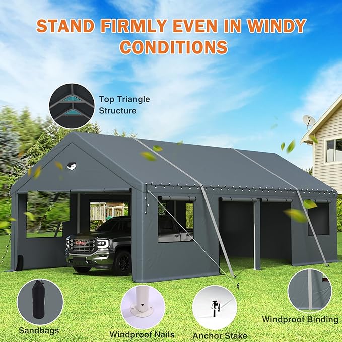 Carports 13X25 Heavy Duty,Portable Car Port Garage,Carport Canopy with Side Doors,Outdoor Car Shelter All Weather,Gray
