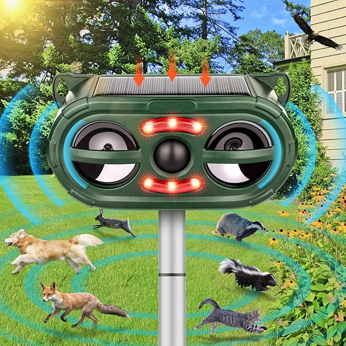 Ultrasonic Animal Repeller,Solar Pest Animal Repellent Outdoor,Squirrel Repellent,Animal Deter Devices Outdoor,Cat Repeller with Motion Sensor & Flashing Light for Yard Garden