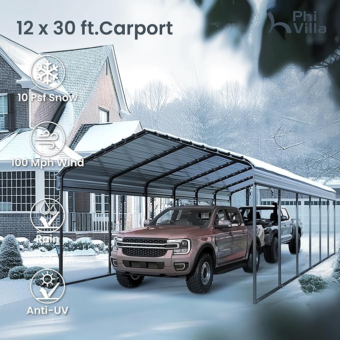 PHI VILLA 12'x30'x8.5 'Metal Carport for 2 Cars, Heavy Duty Car Ports for Heavy Snow, Reinforced Frame, Tall Metal Car Ports for Bass Boats, Full-Sized Pickup Trucks, and Tractors