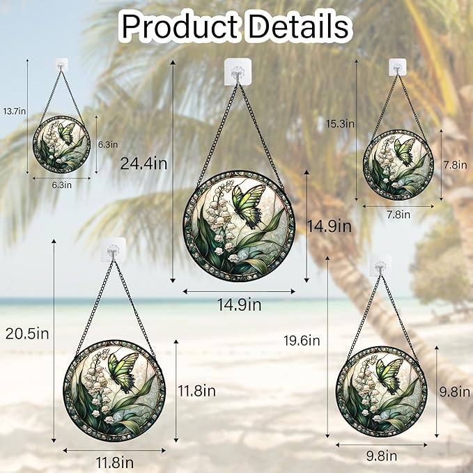 Stained Glass Window Hanging, Lily of The Valley Flower Butterfly Suncatcher for Doors Home Sun Catchers Decoration and Christmas, Mother's Day Birthday Gifts for Women, Men, Mom 14.9x14.9 in