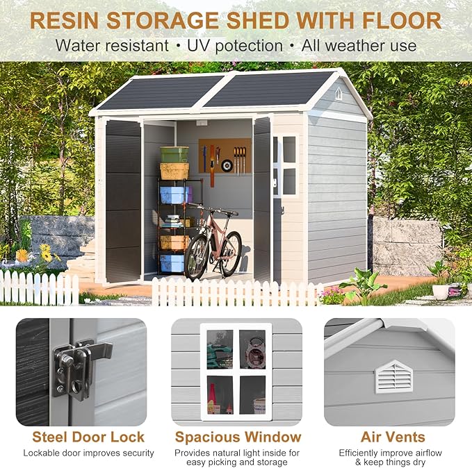 Outdoor Resin Storage Shed 8x6x7 FT Sheds Kit with Floor Included 2 Windows Double Lockable Door,Waterproof Outside Plastic Sheds for Backyard Garden Patio Lawn Tools