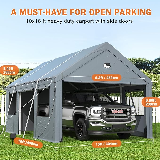 Carports 10X16 Heavy Duty，Portable Car Port Garage，Carport Canopy with Side Doors，Outdoor Car Shelter All Weather,Grey