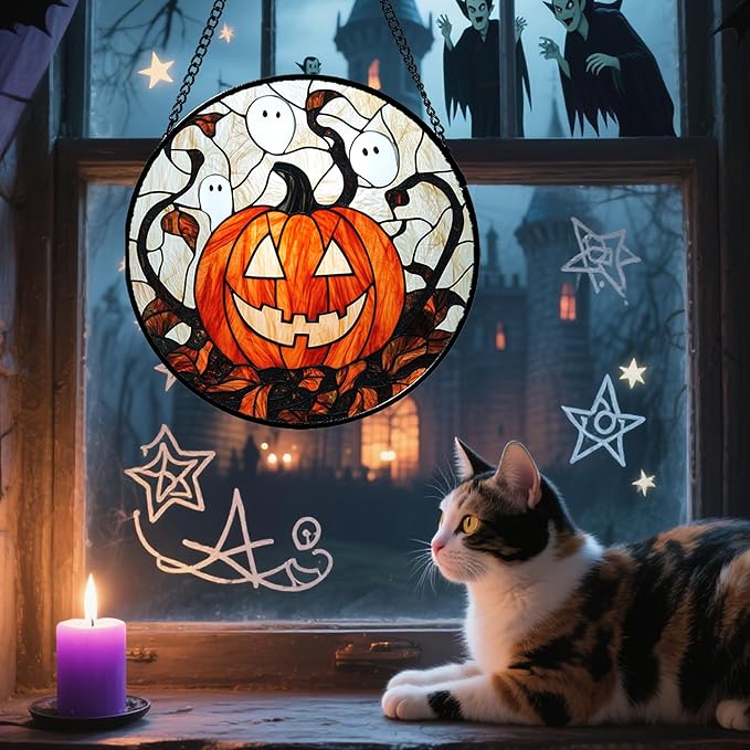 Stained Glass Window Hanging - Halloween Decorations Pumpkin Ghost Suncatcher for Doors Garden Indoor Spooky Funny Orange Sun Catchers Gothic Decor Horror Gifts for Women Men Friend 15 in