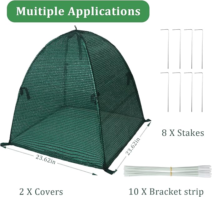 2Pack Plant Shade Tent, 23.6"x23.6"x23.6" Garden Mesh Plant Cover for Sun and Insect Control, UV Resisitant Plant Shade Tent for Outdoor, Protection Guard for Plant with Stakes