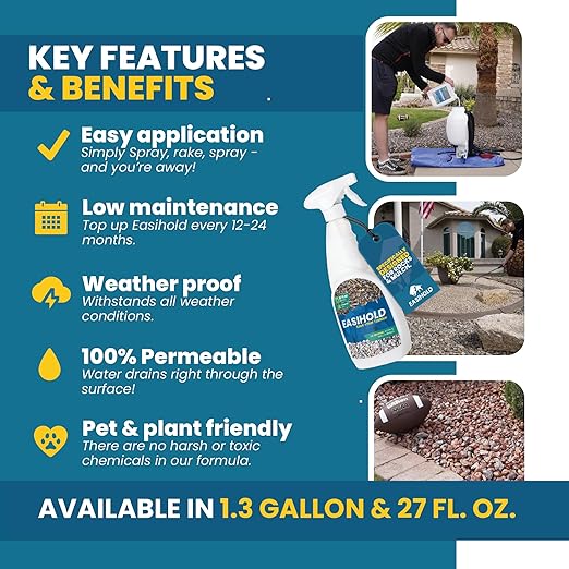 Easihold Gravel Binder 1.3 Gallon – Max Rock Glue for Pea Gravel & Stones. Long-Lasting Mulch Glue for Landscaping – Non-Toxic, Ready-to-Use Gravel Lockdown for Paths, Patios & Garden Borders