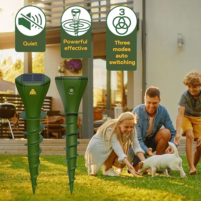 Mole Repellent for Lawns Gopher Screw Repeller Solar Powered Outdoor Groundhog Deterrent Vibration Stakes - Quiet Get Rid of Snake Vole Armadillo - No Poison Kill Traps (Green 8pack)