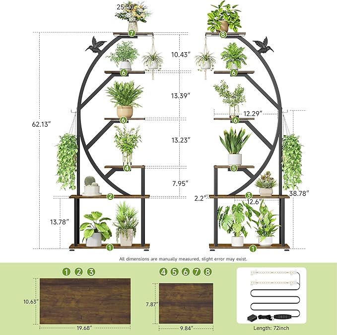 Plant Stand Indoor with Grow Lights, 62" Metal Plant Stand for Indoor Plants, 6 Tiered Tall Plant Shelf with Magnetic Cable Organizers and Decorative Bird, 2 Pcs Plant Holder for Patio, Living Room