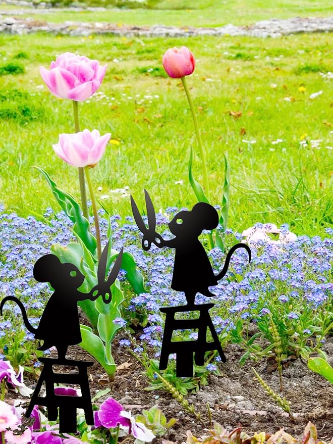 Metal Animal Garden Decor,Funny Mouse Statues for Flower Planter,Indoor and Outdoor Decoration-2 Pack
