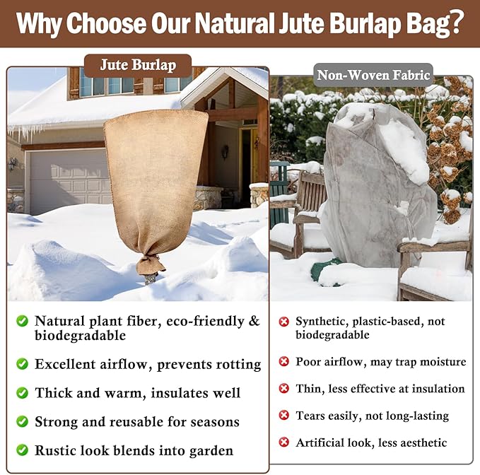 Legigo 3 Pack 40 X 48 Inch Burlap Plant Covers Freeze Protection Bags, Large Winter Plant Frost Covers with Drawstring, Reusable Tree Covers Burlap Frost Cloths Protection for Outdoor Plants Shrubs