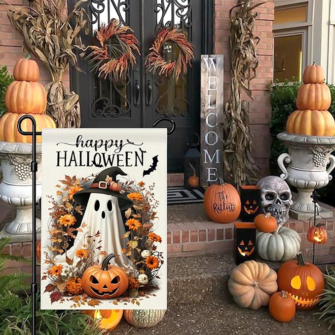 Happy Halloween Garden Flag 12x18 Double Sided Small Burlap Ghost Jack-o'-lantern Bat Yard Outdoor Decorative Flag