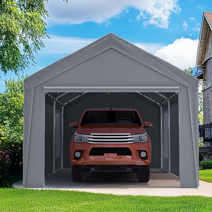 Quictent 10x20 ft Heavy Duty Carport Canopy Galvanized Car Tent Outdoor Garage Boat Shelter with Reinforced Structure with Roll-up Ventilated Windows Sidewall - Gray