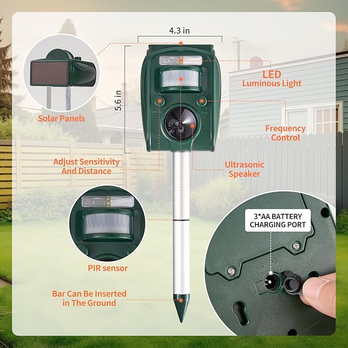 Upgraded Solar Ultrasonic Deer Repellent Devices Motion Detection, Waterproof Cat Repellent Outdoor, Squirrel Raccoon Rabbit Dog Repellent Deterrent with LED Flash Lights for Yard Farm Garden