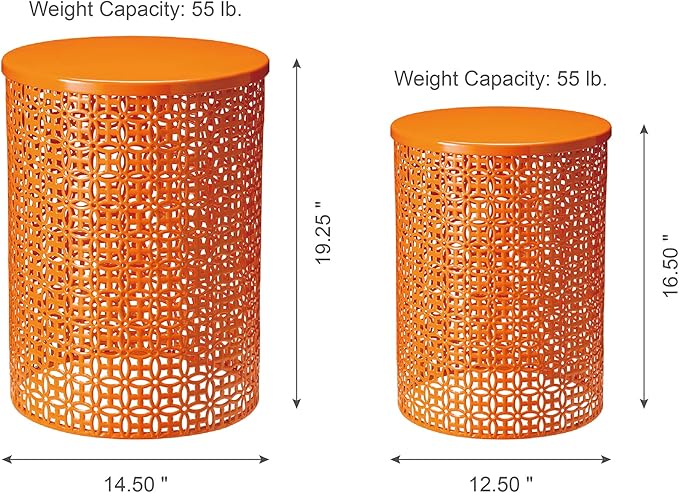 Glitzhome Outdoor Side Table Set of 2, Decorative Garden Stool for Indoor Outdoor Heavy Duty Metal Frame Accent Table Modern End Table, Glossy Orange