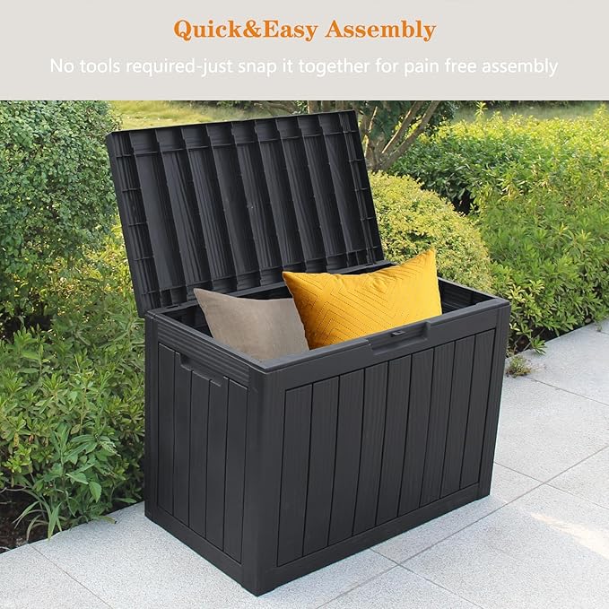 Modern-Depo 45 Gallon Waterproof Storage Deck Box Patio Furniture Organization Container with Lockable Lid, PP Outdoor Side Table for Garden, Yard, Poolside, Black