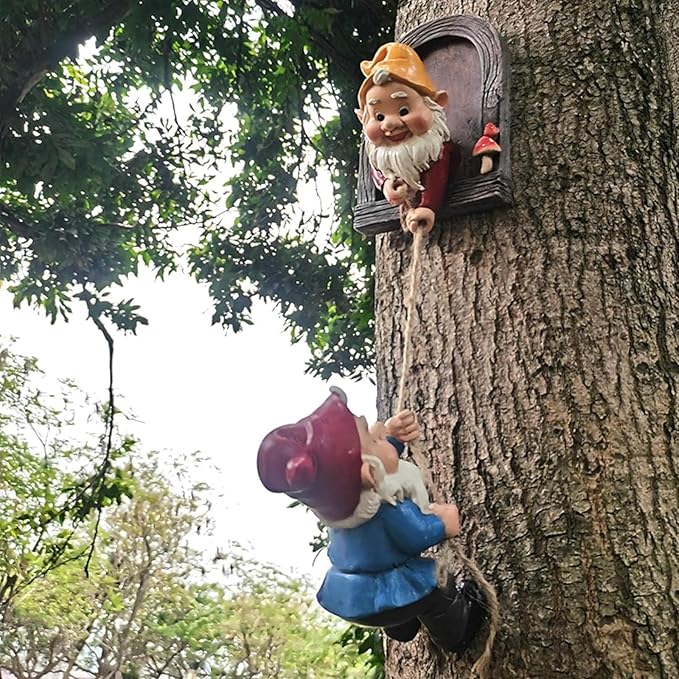 Gnomes Statues Garden Decorative, Tree Faces Decor Outdoor for Patio Lawn Porch Fence, Funny Fairy Doors, Tree Peeker Hugger (2 Pack)