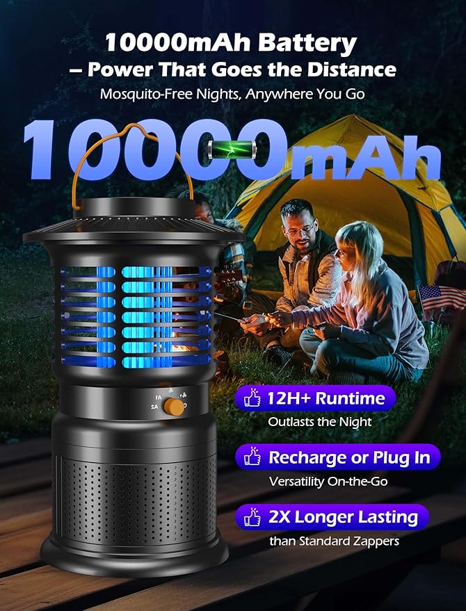 4-in-1 Mosquito Trap & Bug Zapper, Portable Rechargeable Fly Zappers with 10000mAh Battery, Bug Zapper Indoor with Silent Wind Suction, Auto On/Off Zapper Outdoor
