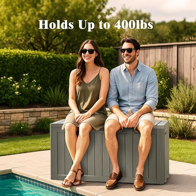 72 Gallon Outdoor Storage Box, Waterproof Deck Box with Handles and Lockable Lid, Resin Patio Storage Box with Hydraulic Rods for Garden Tools, Cushions, Grey