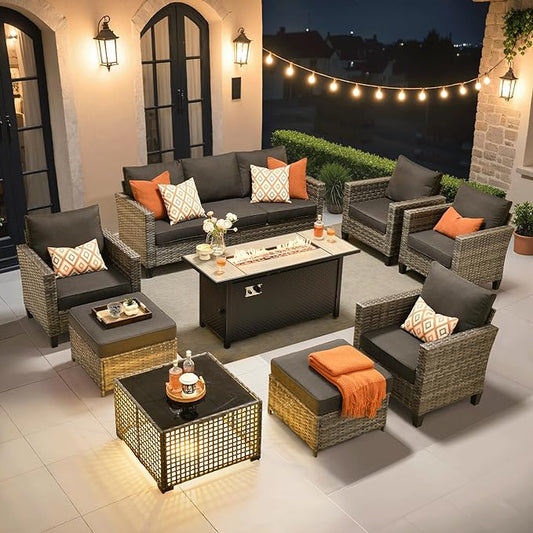 ovios 9 Pieces Patio Furniture Set with 54" Fire Pit Table, Outdoor Sofa Couch with Solar Lights Table Comfy Cushions, Modern Deep Seat Wicker Rattan Conversation Set, Black