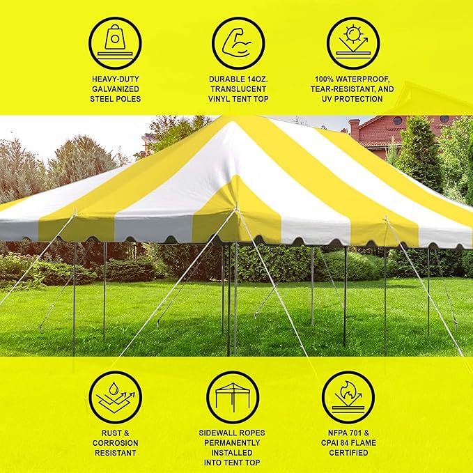 Party Tents Direct 20'x 30' Weekender Canopy Pole Tent with Sidewalls - Easy Up Canopy Tent with 120 Person Capacity - Outdoor Canopies for Parties, Weddings, and Events (Yellow/White)