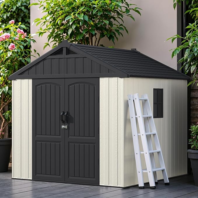 Greesum 8×8 FT Plastic Outdoor Storage Shed with Floor, Resin Sheds with Window and Lockable Door, Weather Resistant Organization for Garden, Lawn, Pool Supplies, Beige