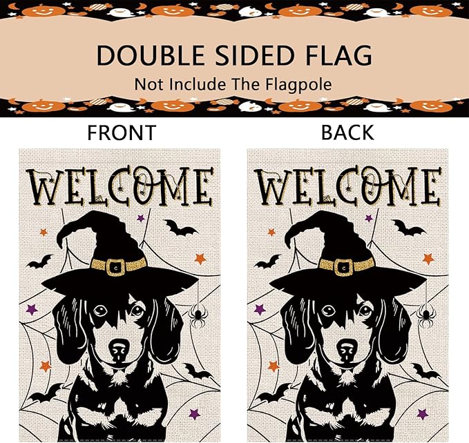 Halloween Garden Flag Dachshund Cobweb Bats Double Sided Vertical Welcome Flag Seasonal Holiday Outdoor Yard Lawn Party Decorations 12.5 x 18 Inch
