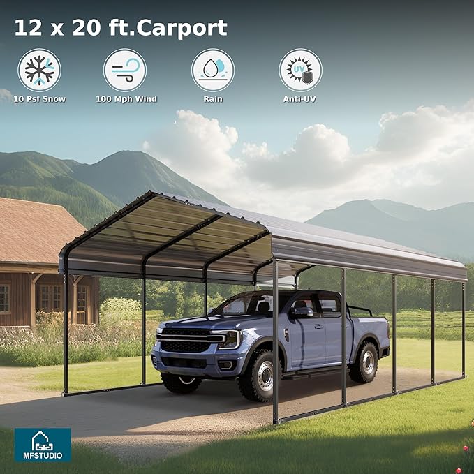 MFSTUDIO Carport 12x20 ft, Outdoor Heavy Duty Carports with Sidewalls, Metal Shed Canopy Shelters Garage Shelter Shade Car Ports with Galvanized Roof for Cars, Truck and Boats