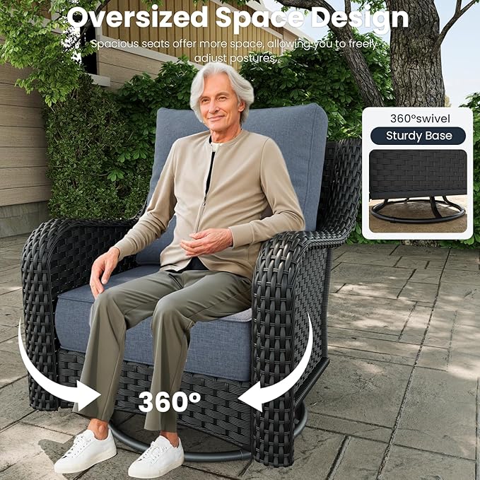 3 Pieces Outdoor Patio Furniture Sets with Rocking Swivel Chairs with 6-inch Thick Cushion and Side Table for Deck Lawn