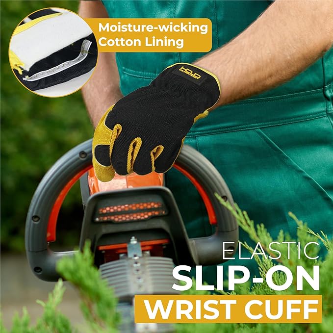 HANDLANDY Men Leather Gardening Gloves, Utility Work Gloves for Mechanics, Construction, Driver