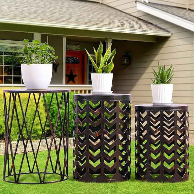 Y&M Set of 3 Black with Bronze End Tables, Nesting Metal Round Coffee Table, Heavy Duty Metal Plant Stand Garden Stool, Outdoor Multifunctional Use
