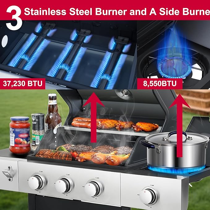 3-Burner Propane Gas BBQ Grill with Side Burner - 37330 BTU Output Stainless Steel Grill with Enameled Cast Iron Cooking Grid Side Table for Outdoor Backyard Patio Barbecue
