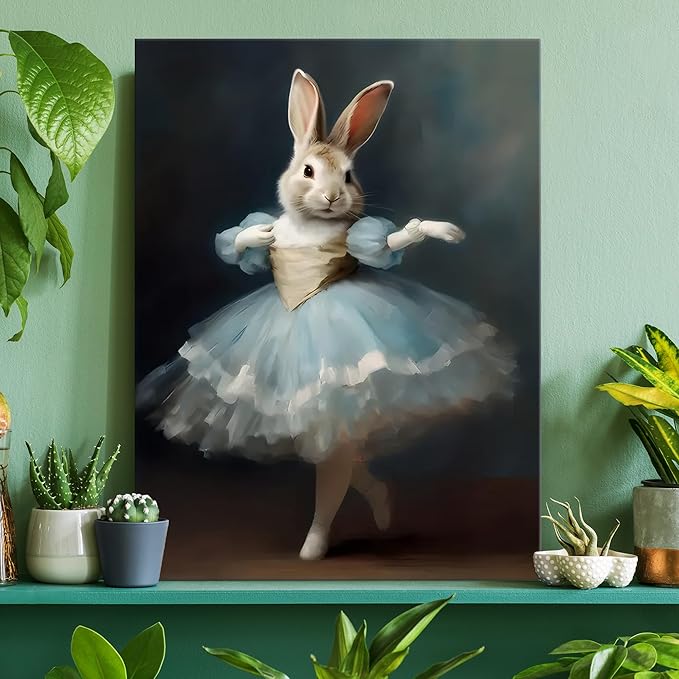 Easter Decorations Bunny Decor Vintage Funny Dancing Bunny Wall Art Gothic Rabbit Decor Framed Canvas Posters For Bunny Lovers Home Decor Gifts Aesthetic Room Decor 11.5 X 15 Inches