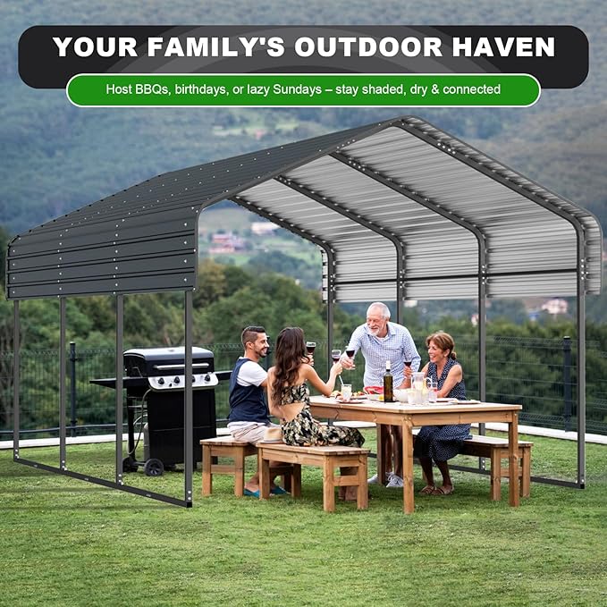 10x15 FT Metal Carport, Heavy Duty Car Port with Galvanized Metal Roof, Outdoor Garage Car Shelter Shade for Car, Boats and Truck (Dark Gray)