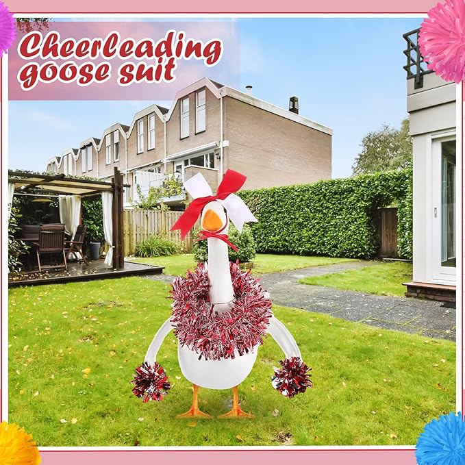 3 Pcs Cheerleader Porch Goose Outfit Poseable Wings with Pom Poms Garland and Bow for 23" Lawn Cement Goose Football Halloween Garden Patio Yard Outdoor Classroom Decorations(Red)
