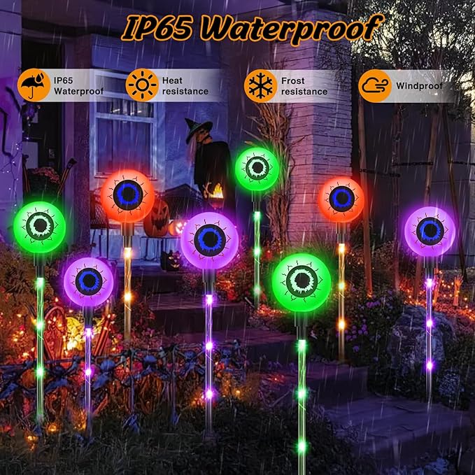Set of 6 Halloween Decorations Outdoor Solar Eyeball Lights, 8 Modes Orange Purple and Green Scary Eyeballs Light, Waterproof Halloween Pathway Lights for Yard Garden Lawn Party Decor, Gifts