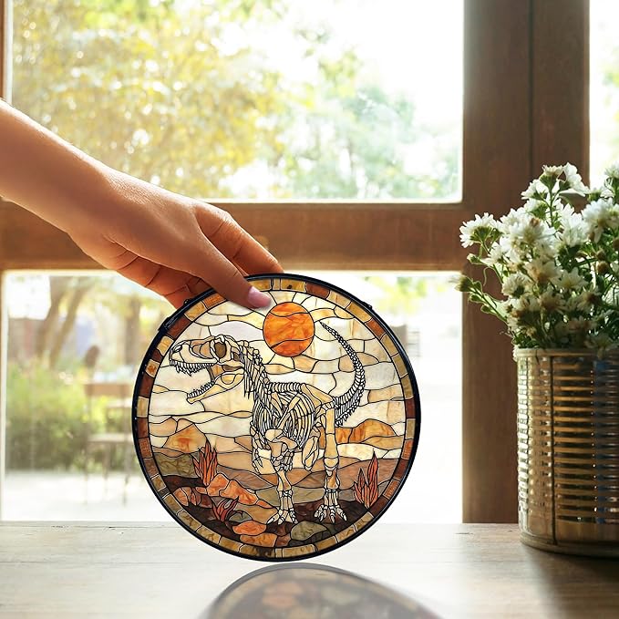 TNUW Dinosaur Skeleton Stained Glass Window Hanging, Prehistoric Dino Fossil Sunset Landscape SunCatchers Indoor Window Glass Round Wall Art Decor, Dinosaur Wall Hanging Decorations, 7.9＂x7.9＂