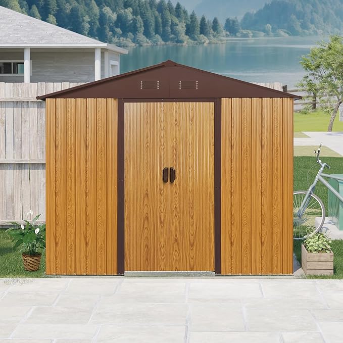 Outdoor Storage Shed, 8x4ft Metal Storage Shed with Window and Metal Foundation, Lockable Sliding Door, All Weather Tilted Roof Tool Shed with Vents, for Backyard, Patio, Lawn