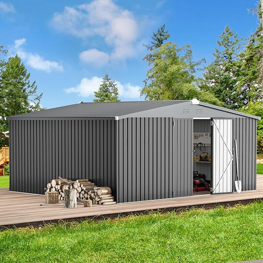 AECOJOY Shed 14' x 12' Storage Shed, Outdoor Metal Storage Sheds & Outdoor Storage 12x14 with Lockable Doors, Large Steel Yard Shed, Utility Tool Storage for Garden, Patio, Outside use in Dark Grey