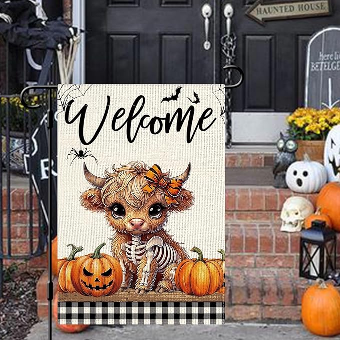 DLZDN Welcome Halloween Highland Cow Garden Flag Skeleton Pumpkins Flag Burlap Farmhouse Yard Sign Holiday Seasonal Outdoor House Decoration