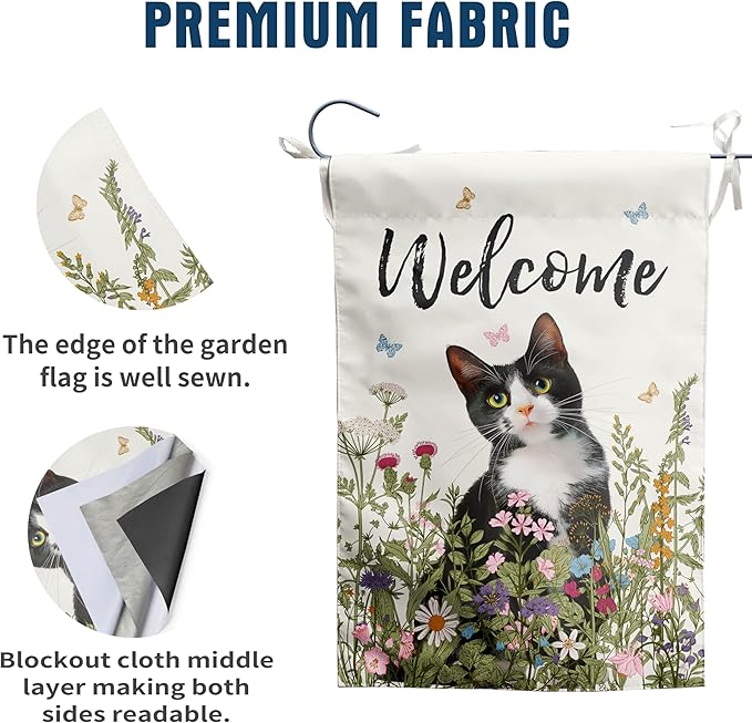 Spring Cat Garden Flag Floral Tuxedo Cat Garden Flags for Outside Summer Flower Outdoor Flag Small Farmhouse Welcome Yard Flag 12x18 Double Sided