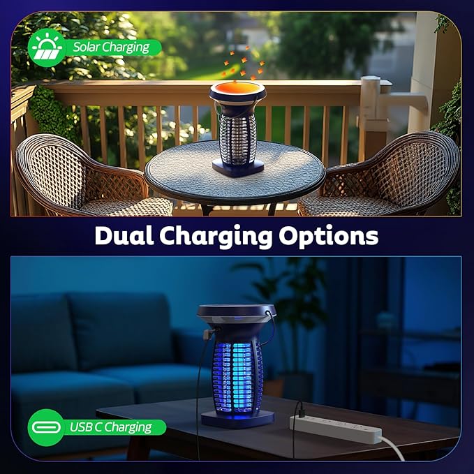 Solar Bug Zapper Outdoor, Mosquito Zapper Outdoor Waterproof Electric Fly Zapper Rechargeable Mosquito Killer with Solar Panel, 4200V Fly Trap Indoor for Home Backyard, Patio, Garden, Camping